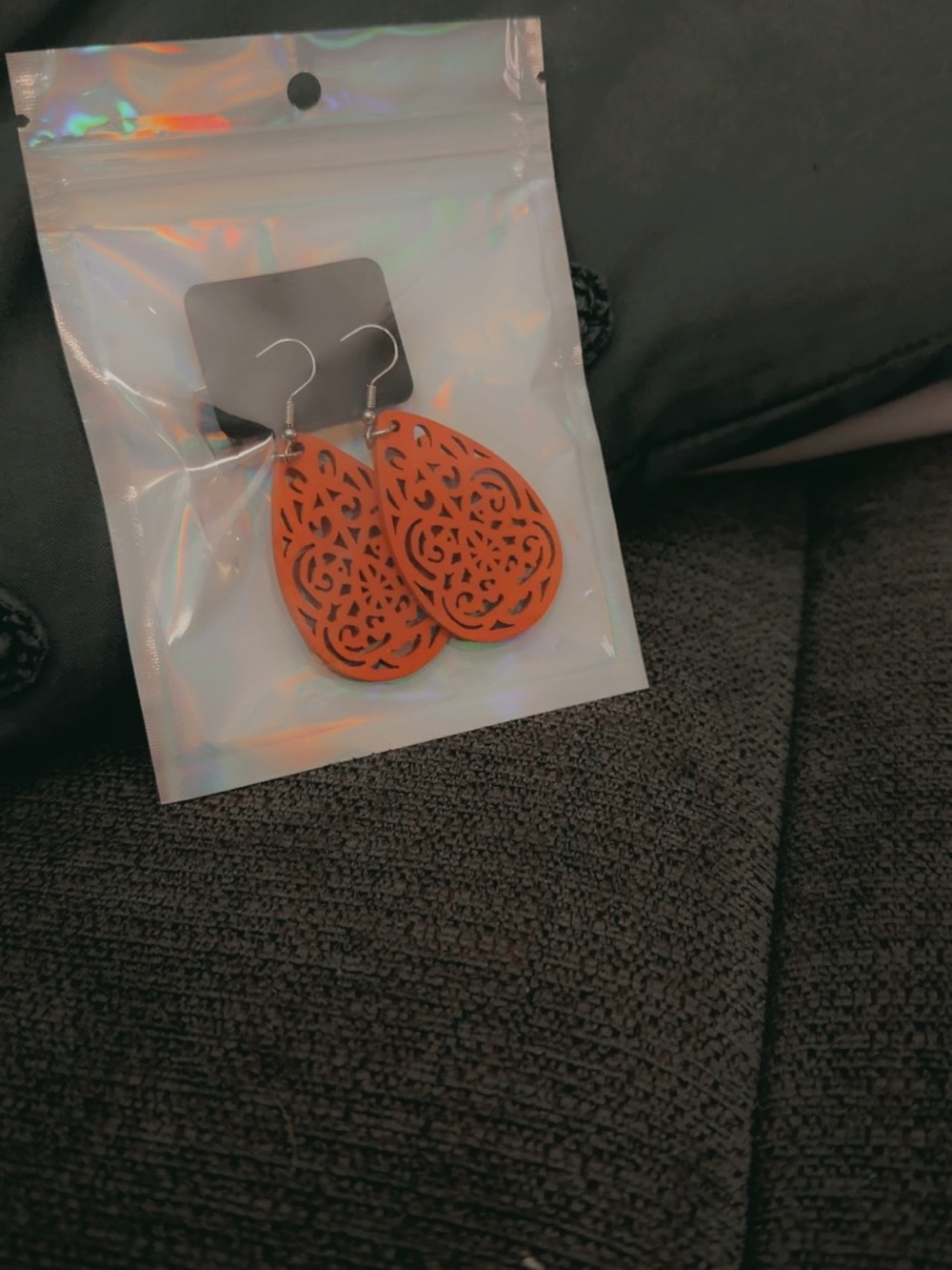 Orange Teardrop Filigree BoHo wooden Earrings - Home Accents Display - Picture 5 of 5